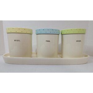 Rae Dunn 4pc Polka Dot Fork Knife Spoon Utensil Jars & Platter Blue Green Yellow